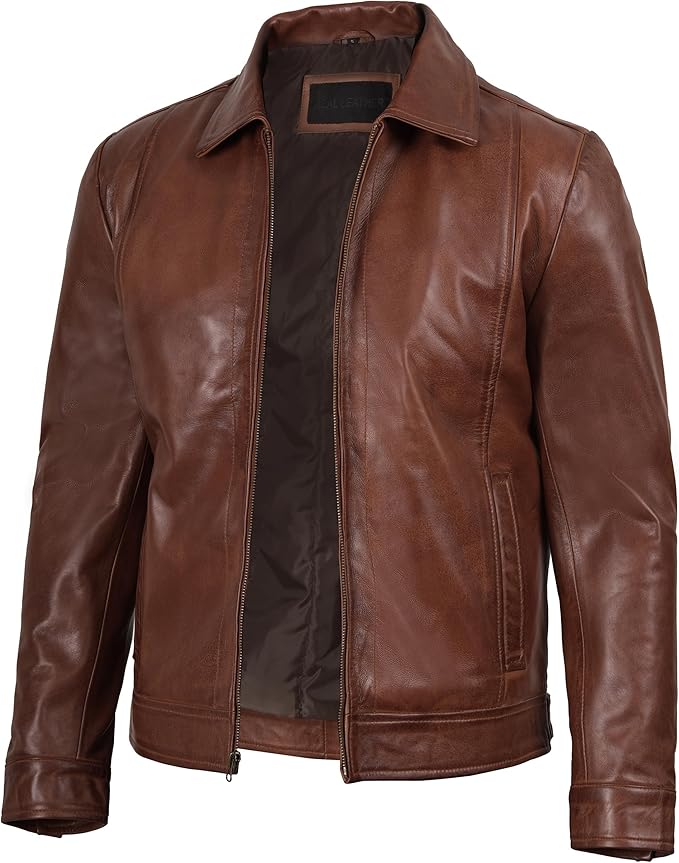 Vintage Style Mens Leather Jacket - Real Lambskin Classic Shirt Collar Leather Jackets for Men
