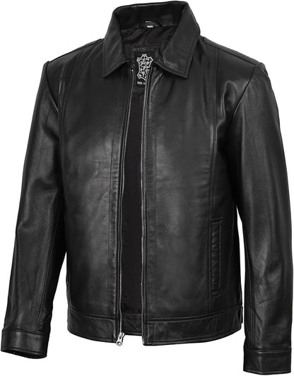 Men's Real Lambskin Leather Jacket — Shirt-Collar Moto Biker Style Year-Round Wear