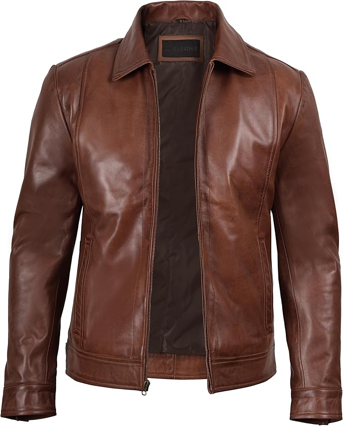 Vintage Style Mens Leather Jacket - Real Lambskin Classic Shirt Collar Leather Jackets for Men