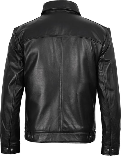 Men's Real Lambskin Leather Jacket — Shirt-Collar Moto Biker Style Year-Round Wear