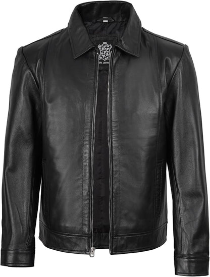 Men's Real Lambskin Leather Jacket — Shirt-Collar Moto Biker Style Year-Round Wear